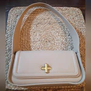 Rachel Zoe Baguette Tan Shoulder Bag Y2K Style Brass Turn Lock